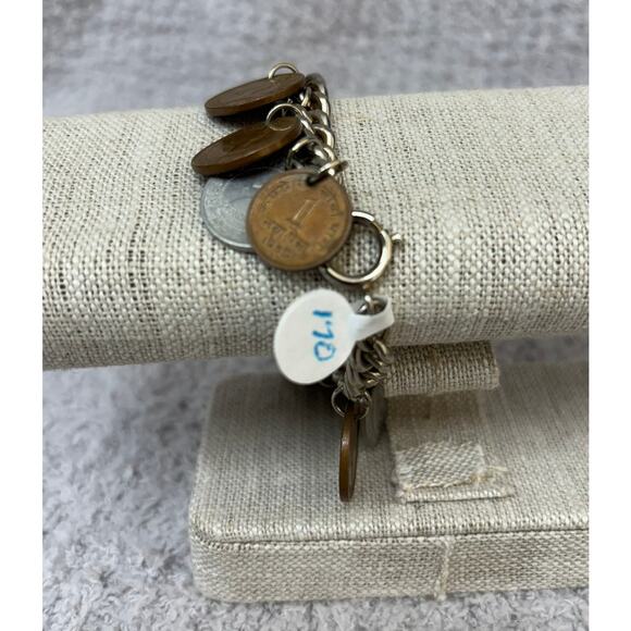 Vintage Multi National Coin Silver Tone Bracelet 6.75" #65108 - Picture 3 of 6
